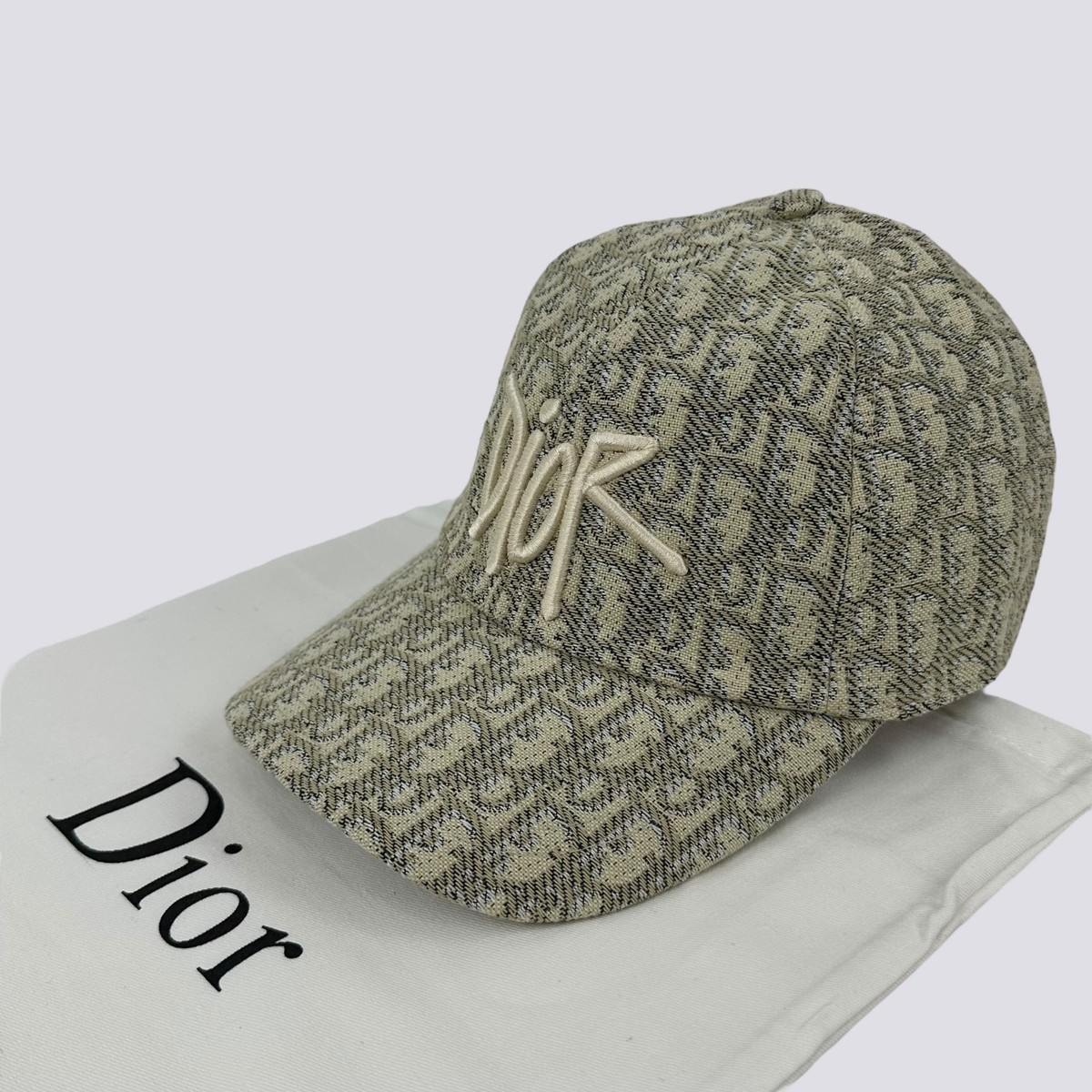 Dior Oblique Monogram Logo Cotton Canvas Baseball Cap Hat Beige