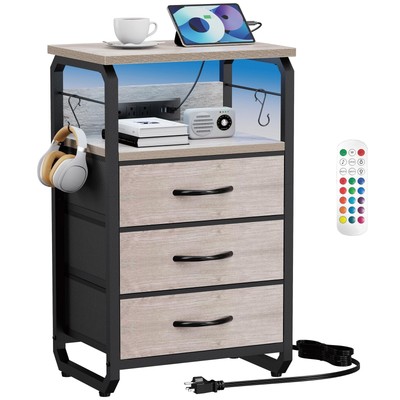 Bed Side Table with 3 Fabric Drawers, Night Stand with Charging Station, LED Nig