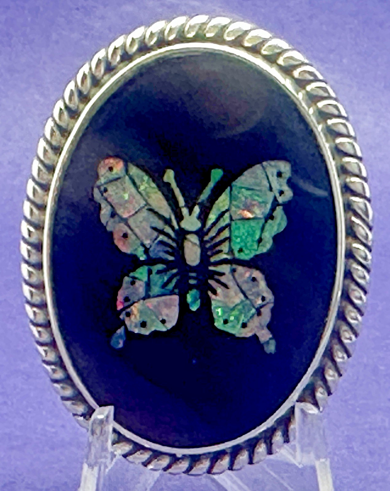 VINTAGE SOLID SILVER ABALONE & ONYX BUTTERFLY BRO… - image 11
