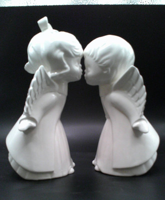 Pair of Glazed White Ceramic Kissing Angels; girl 8'', boy 7''