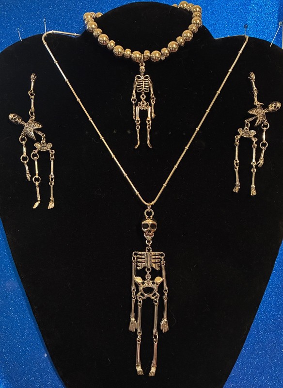 💀Dancing SKELETONS Vintage Halloween Jewelry Suite! Articulated Creepy + COOL💀