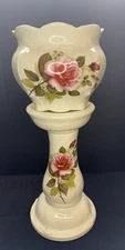 Vintage Lionstone Jardiniere Pedestal Planter Ceramic Pink Floral Pottery Roses