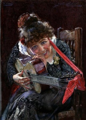 John Henry Henshall (1856-1928) Aquarell Gemälde Dame mit Gitarre 1892