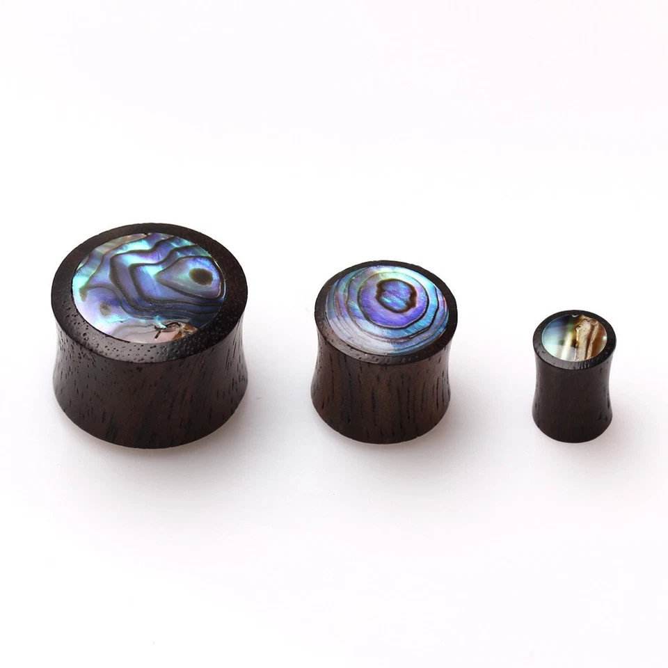 PAIR of Natural Organic Sono Wood Saddle Plug with Abalone Inlay - Image 3 of 4