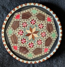 Vintage Spanish Marquetry Taracea Round Wood Inlay Tray-Salinas 7 13/16" Spain