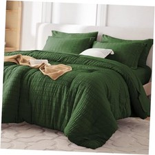 7 Pieces Full Comforter Set, Seersucker Bed in a Bag Full 82"x86" Dark Green