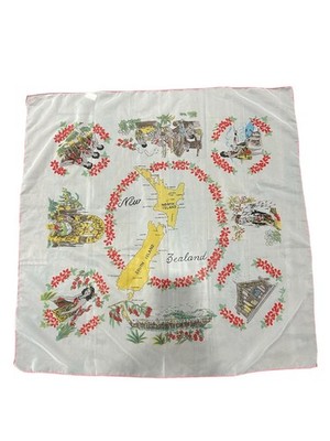 Vintage Dandy New Zealand Map Handkerchief Nylon Hand Printed Wrap Lightweight