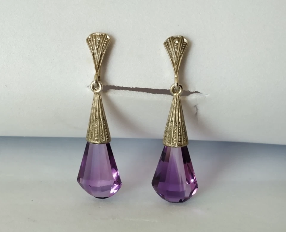 ANCIENNES BOUCLES D'OREILLES ART DÉCO OR 14K AMÉTHYSTE BRIOLETTE 585 earrings - Photo 4/4