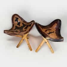 Tooled Pair (2) Leather Folding Camp Stools - Bamboo Base