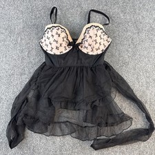 Victoria  s Secret Lingerie Black 36C Mesh Babydoll Corset Bustier Pink Bows