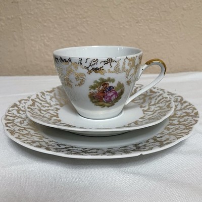 Vintage Rieber Bavaria Porcelain Tea Set Pieces   Gold Filigree & Romantic Scene