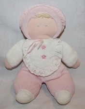 Vintage Eden My First Doll Pink Velour 10" Plush Baby Girl Lovey Eyelet Trim Bib
