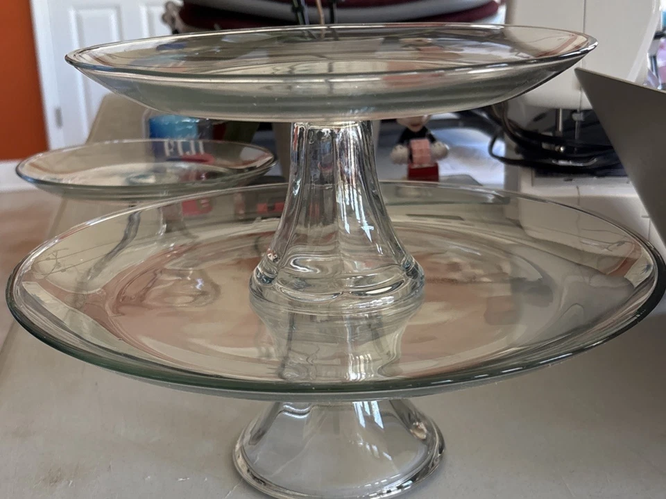 Anchor Hocking Glass Presence 3 Pc Tiered Dessert Platter Cake Set Platinum Col. - Image 3 of 4