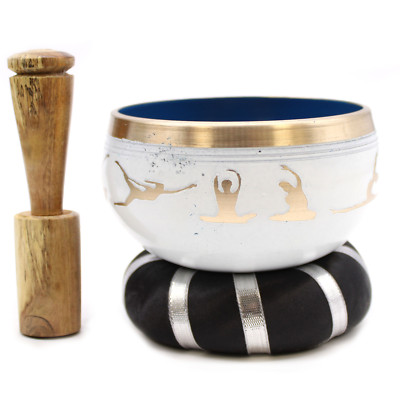 Yoga Moves Singing Bowl Set - White/Blue | 10.7cm Bowl | 0.4kg | Relaxation & Me