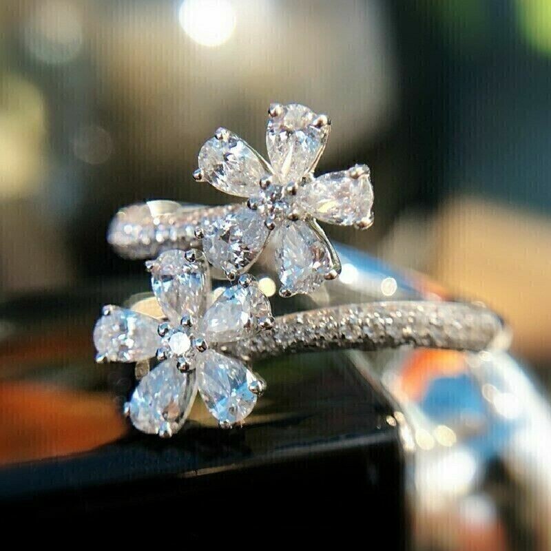 2.40Ct Pear Cut Moissanite Flower Engagement Fancy Ring In 14K White Gold Plated
