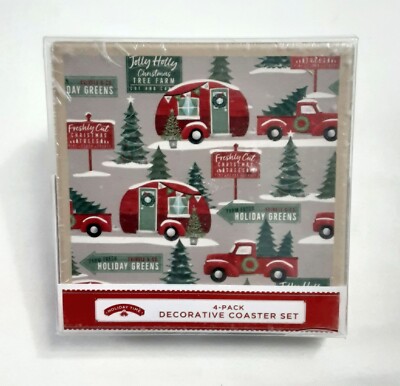 New, Set of 4 HOLIDAY TIME Decorative Stoneware Christmas Coasters w/Camper