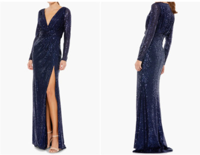 MAC DUGGAL 26490 SEQUIN LONG SLEEVE FAUX WRAP MIDNIGHT NAVY GOWN DRESS sz 8