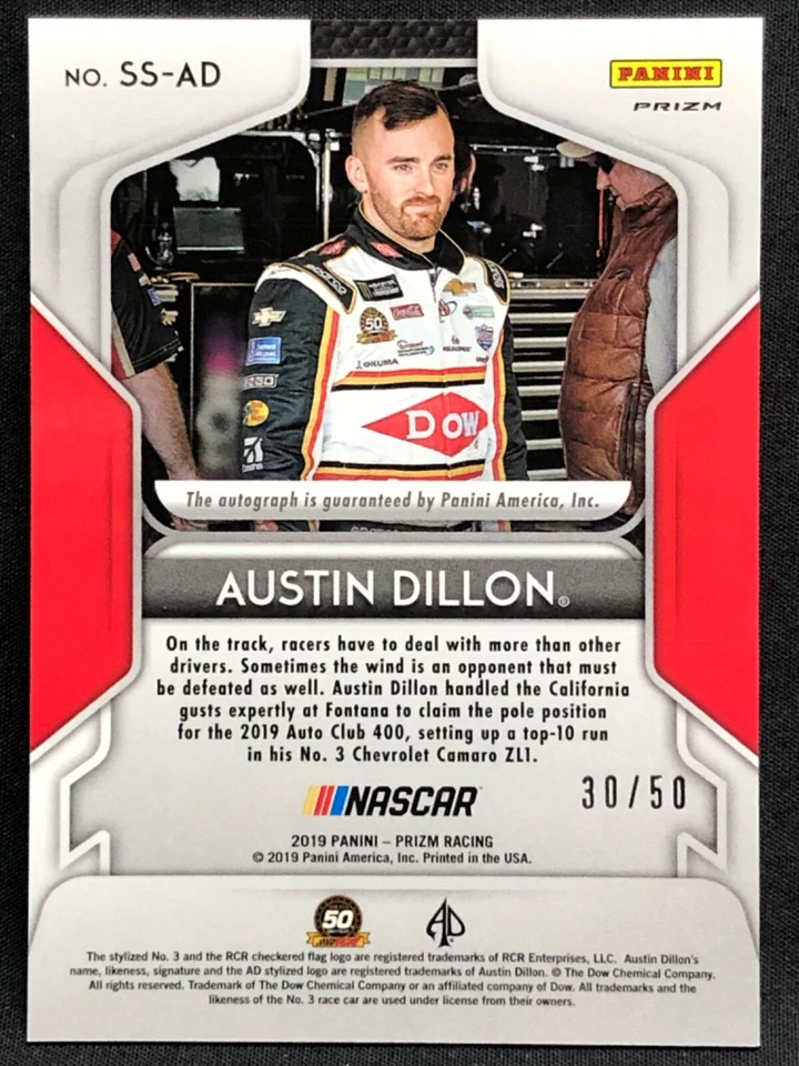 Austin Dillon 2019 Prizm Signing Sessions RED Certified Autograph NASCAR Auto/50 - Image 2 of 3
