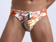 New Men's Sexy Hibiscus Tropical Low Rise Bikini Style Swim Brief w/Pouch-Gay