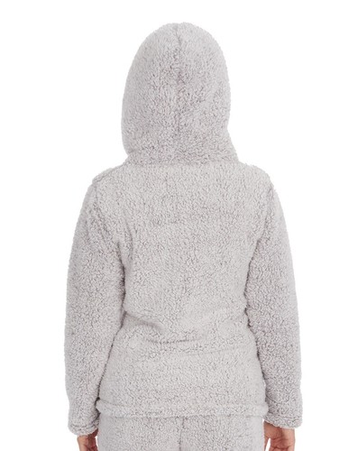 Ladies Warm Cosy Borg Fleece Lounge Hoodie Hooded Top Bed Jacket Black Grey Pink - Picture 8 of 12