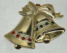 1990 Gloria Duchin 24K Gold Tone Metal Bells Christmas Ornament Red Green Jewels