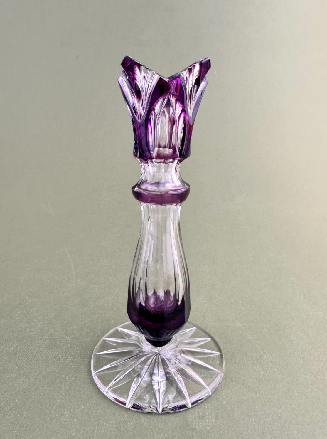 Bohemian cut-to-clear purple crystal tulip bud vase candlestick