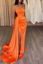 Hot Sexy Mermaid Satin Evening Prom Party Dress High Slit Sequins Celebrity Gown