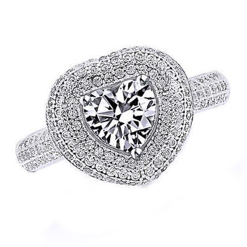 14K White Gold Plated Silver Heart Simulated Diamond Halo Cluster Ring