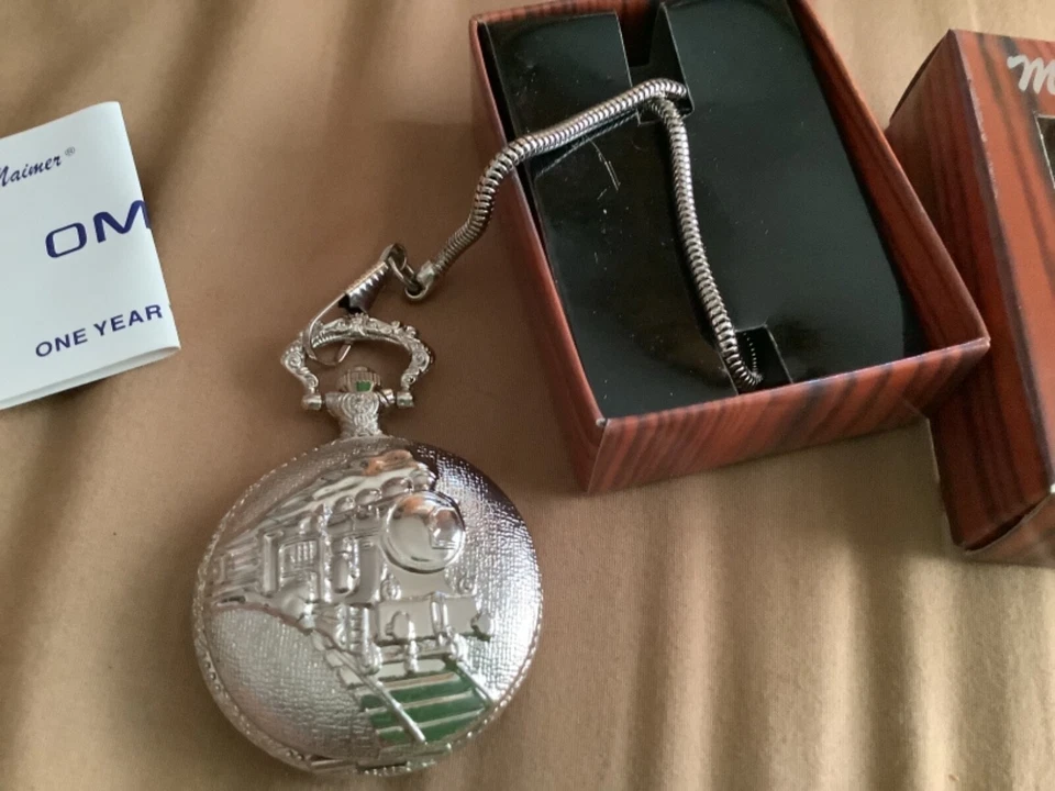 Reloj Bolsillo Tren Mark Naimer Vintage Tono Plata Nuevo en Caja Foto 2 de 3