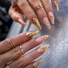 Gold Press on Gold Nails Medium Almond Fake Nails Flowers Nails Press ons with 3