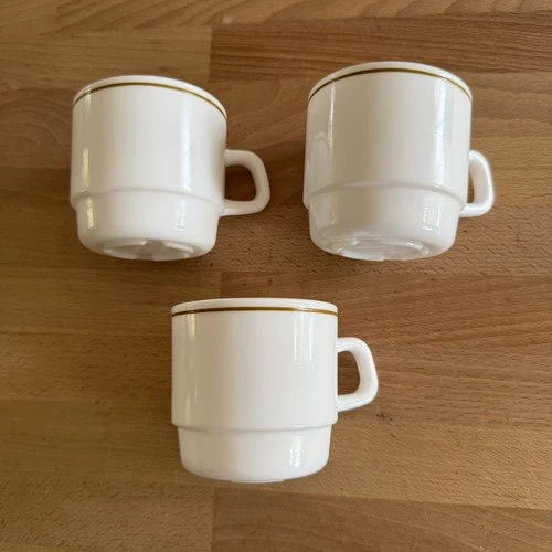 Arcopal Milk Glass Stackable Restaurant Coffee Cups Mugs with Brown Stripe x3