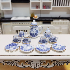 1/12 Dollhouse Miniature Blue and White Porcelain Tea Set Floral Print Ceramics