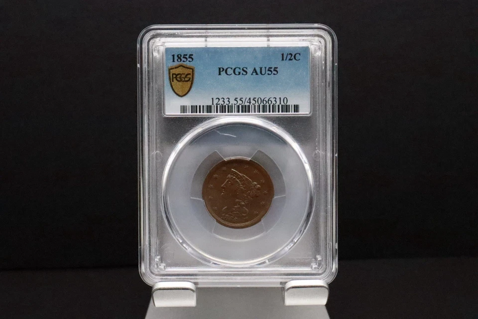 Medio centavo cabello trenzado 1855 1/2 graduación profesional AU55 Foto 3 de 4