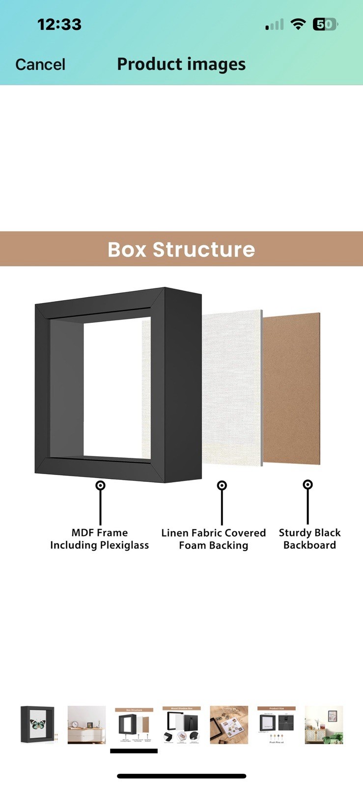 5x5 Black Small Shadow Box Picture Frame w/ Soft Linen Back & Push Pins Display 