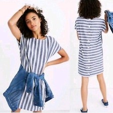 Madewell Striped Play Button Back Dress Small Shift Mini Blue White Casual Beach