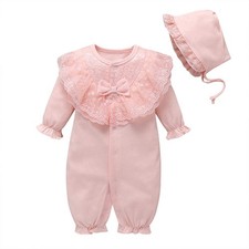 Baby Girls Cotton Romper Lace Collar Jumpsuits Long Sleeve Coveralls with Hat...