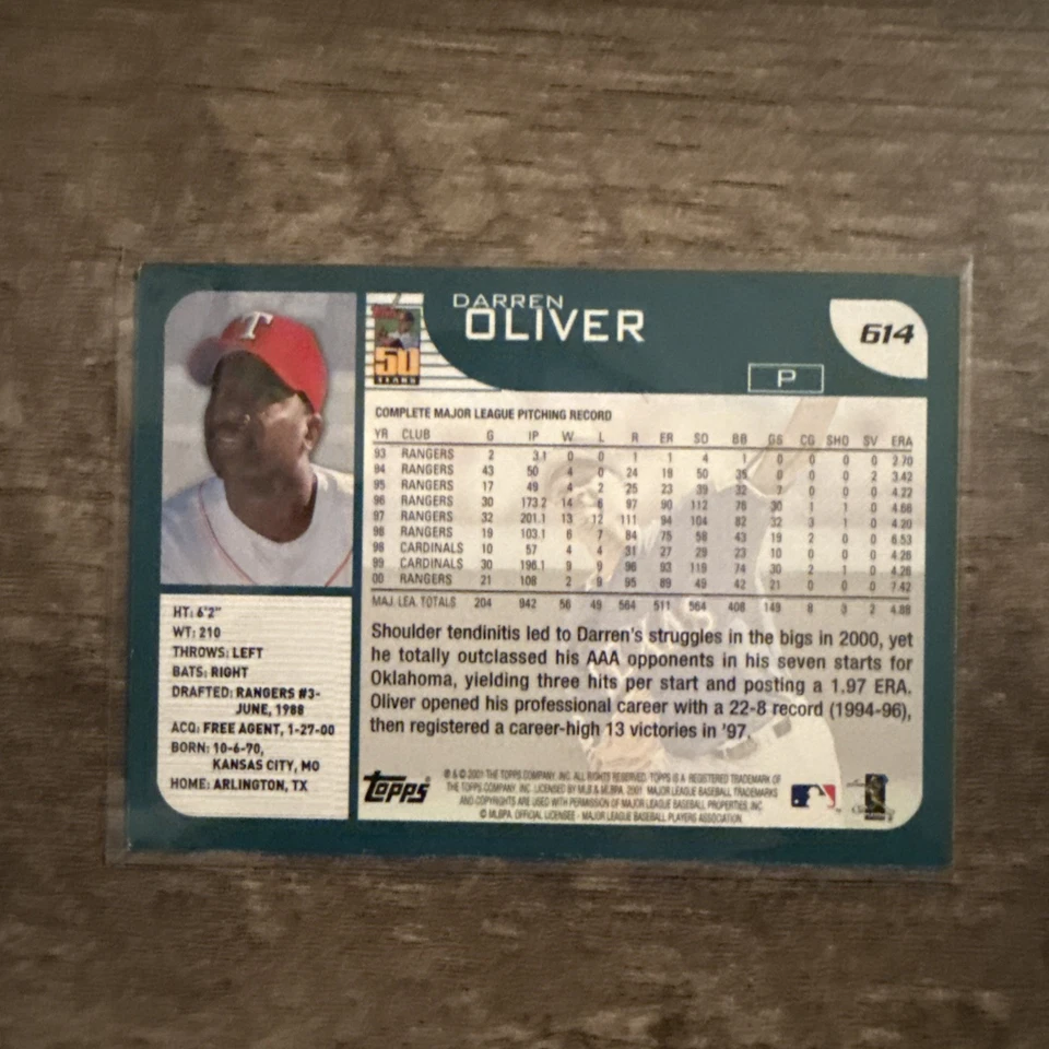 2001 Topps 50 Years Darren Oliver Texas Rangers #614 (M) - Image 2 of 2