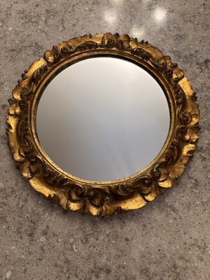 Vintage Antiqued Gold Fleur de Lis Design Wall Mirror Italy 13 Inch Home Decor