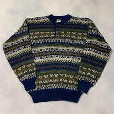 Vintage Abstract Knitted Jumper Patterned Grandad Chunky Knit Sweater Men's M
