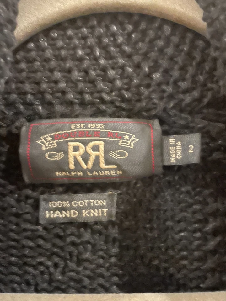 RRL Ralph Lauren 100% Algodón Tejido a Mano Chal Cuello Cárdigan Suéter Índigo NEGRO Foto 3 de 3