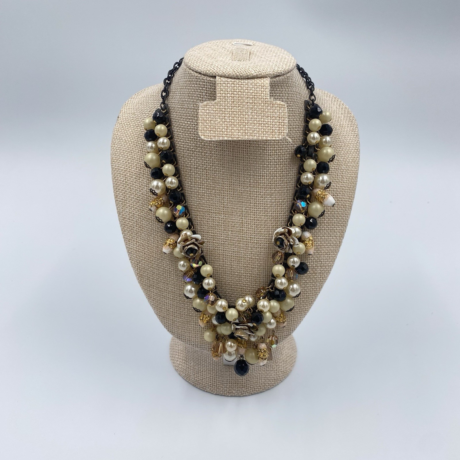 Unsigned Vintage Statement Necklace With Faux Pea… - image 1