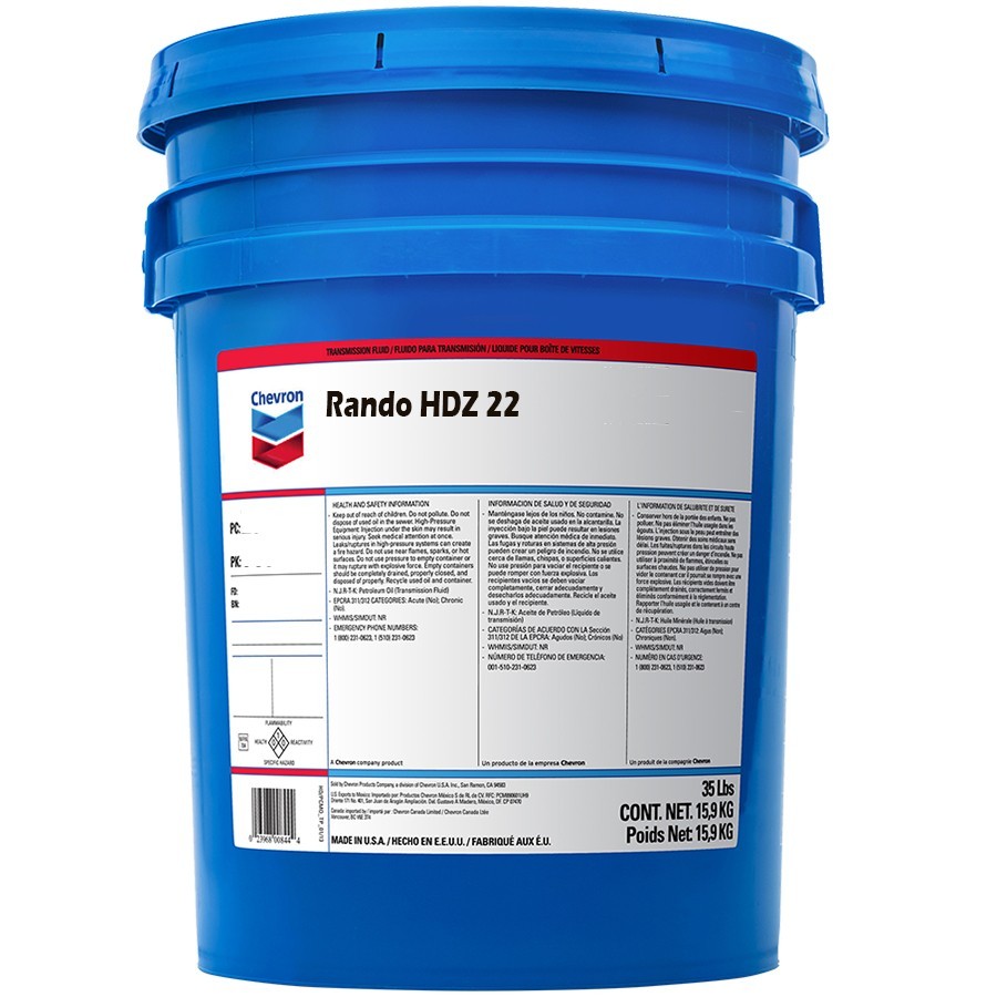 Chevron Rando HDZ 22 Hydraulic Oil Fluid; 1 - 5 Gallon Pail