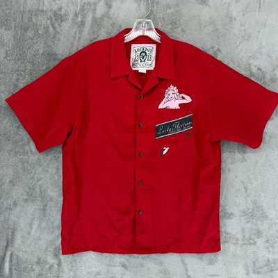 Lucky 13 Mens Red Pinup Girl Rockabilly Short Sleeve Button Up Shirt Large USA