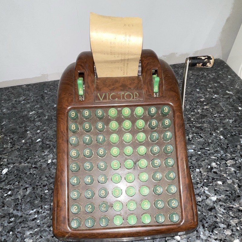 Working Victor Antique Adding Machine w/ Hand Crank and Paper Roll Tape & Cover