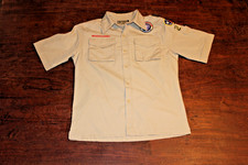 Boy Scouts of America BSA Youth Shirt Tan Large Glued Patches Short Sleeve