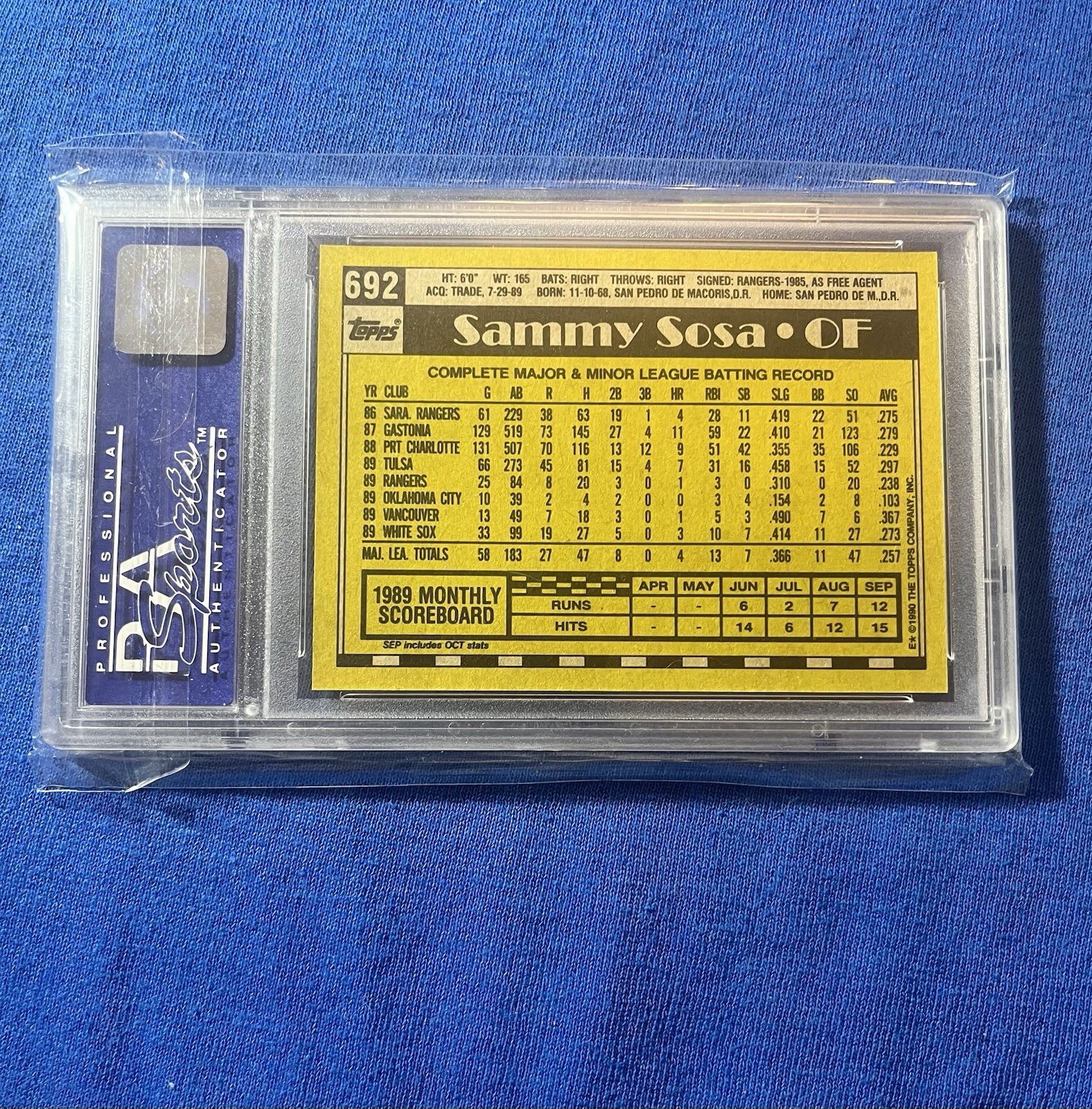 1990 TOPPS #692 SAMMY SOSA ROOKIE RC PSA 10 view 2