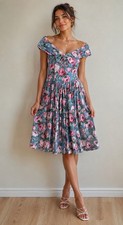90 s Vtg Cotton Romantic Floral Dress Cottage Core V Waist Off The Shoulder M