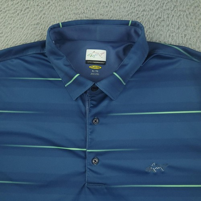 #ad Greg Norman Polo Shirt Mens XL Blue Stripe PlayDry Golf Performance Shark Logo $24.99