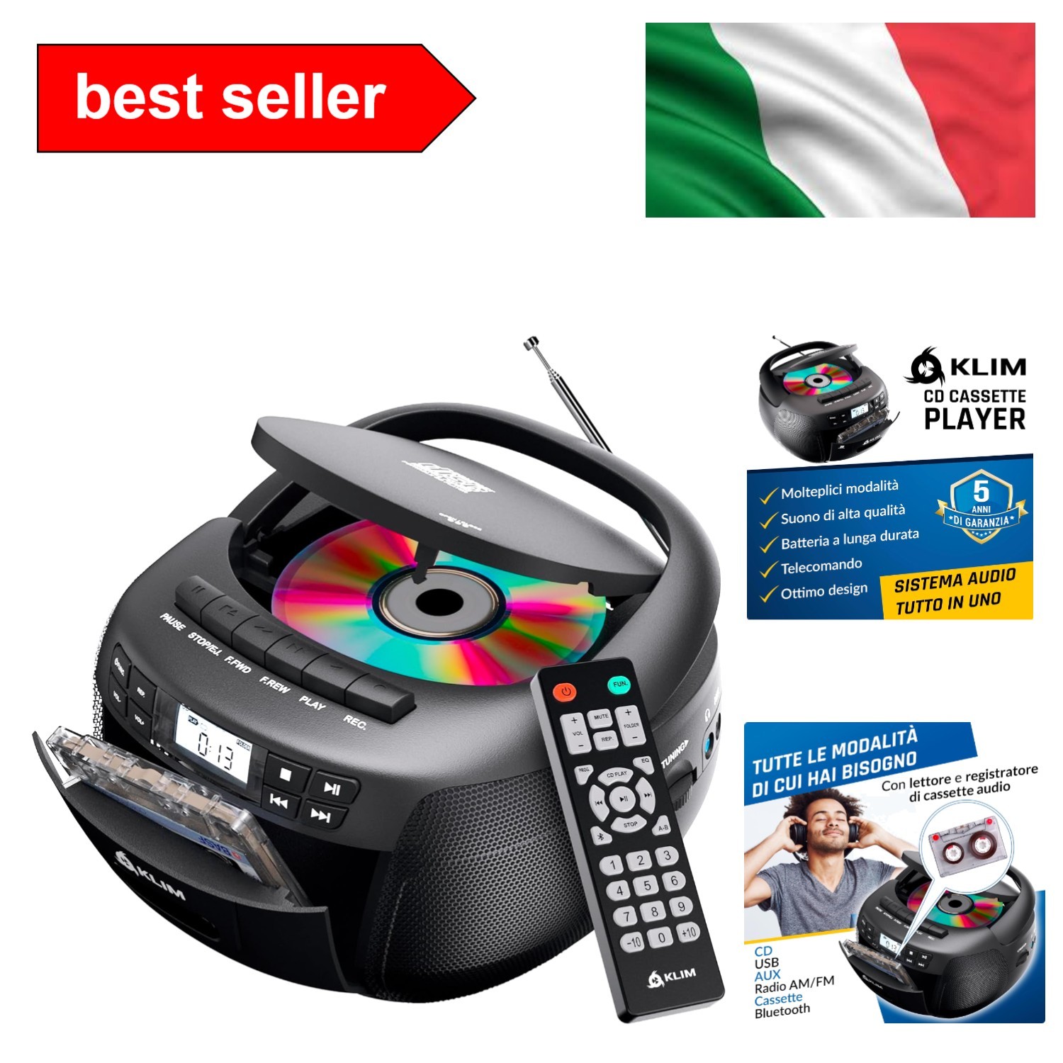 KLIM Lettore CD + Lettore Cassette Audio, AM/FM Radio Bluetooth, Stereo CD Pl...
