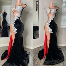 Black Mermaid Prom Dresses  Lace Sheer Neck Velvet High Split Evening Plus Size
